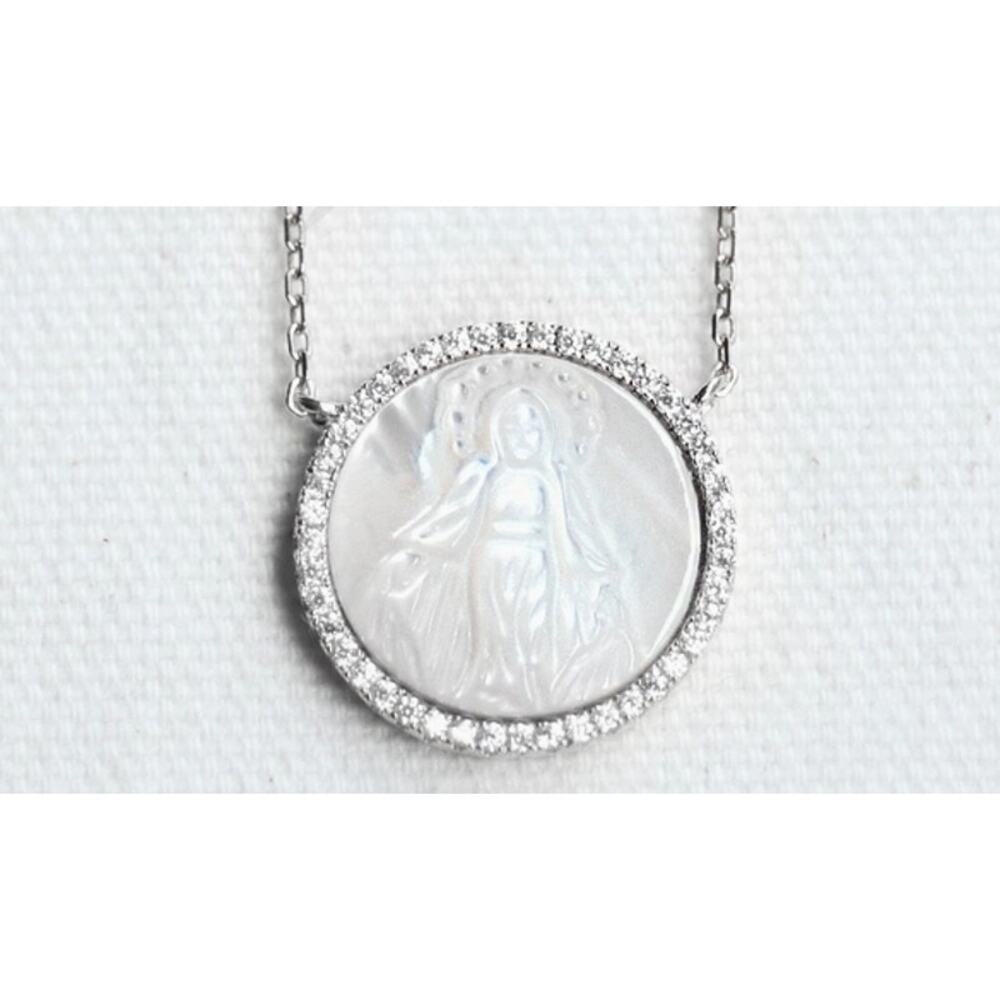 Sterling Silver Carved Virgin Mary MOP CZ Surround 16" w/ 2" Ext Necklace NEW
